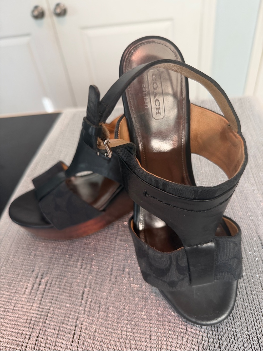 Coach Black Leather & Signature Canvas Platform Heels